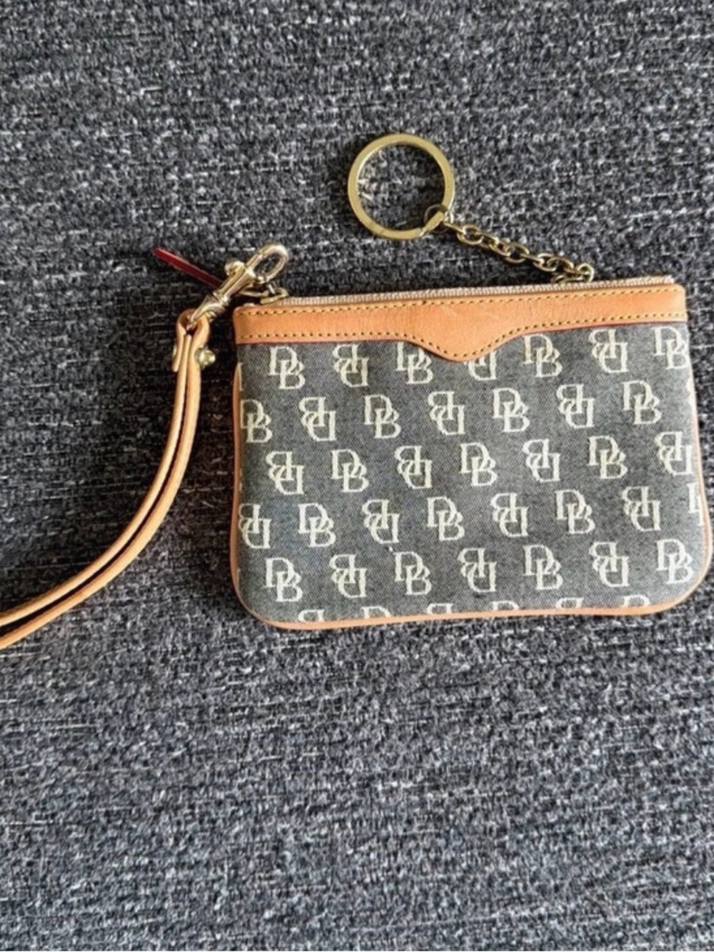 Dooney & Bourke Brown and Tan Logo Wristlet with Gold Hardware
